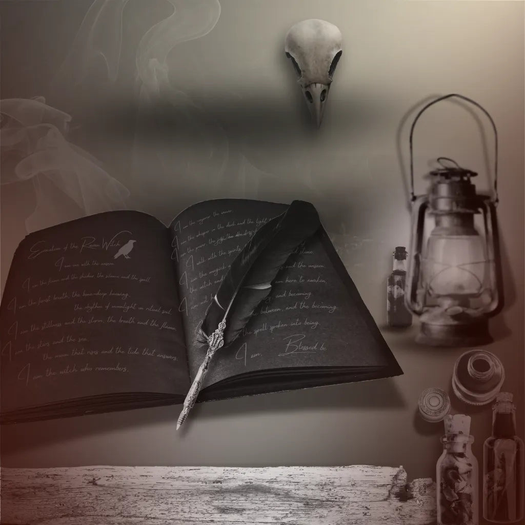 A parchment spell page with herbs and a quill, resting on an aged wooden table for personal ritual work.