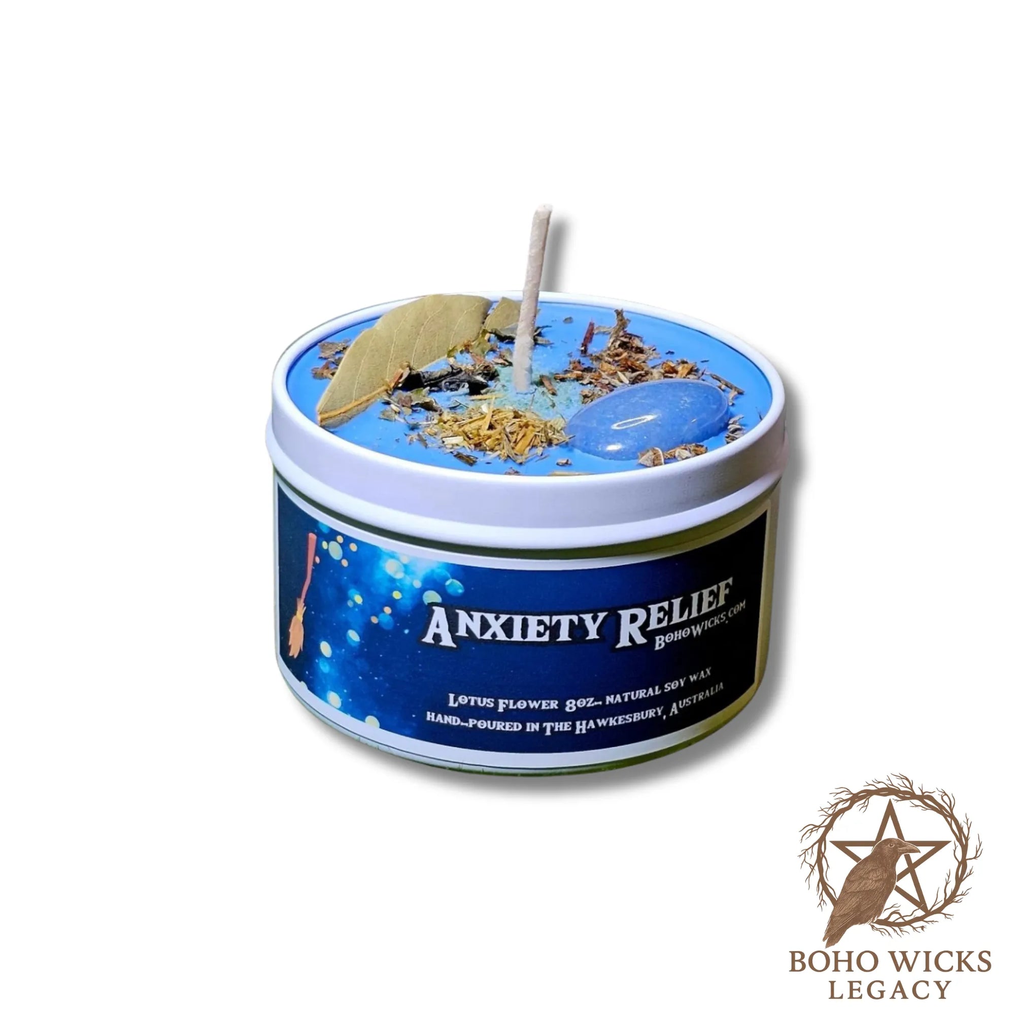 Product image of the Anti-Anxiety candle with Blue Quartz, Lemon Balm, Oat Straw, Agrimony, and Myrrh on a white background, fragranced with Lotus Flower