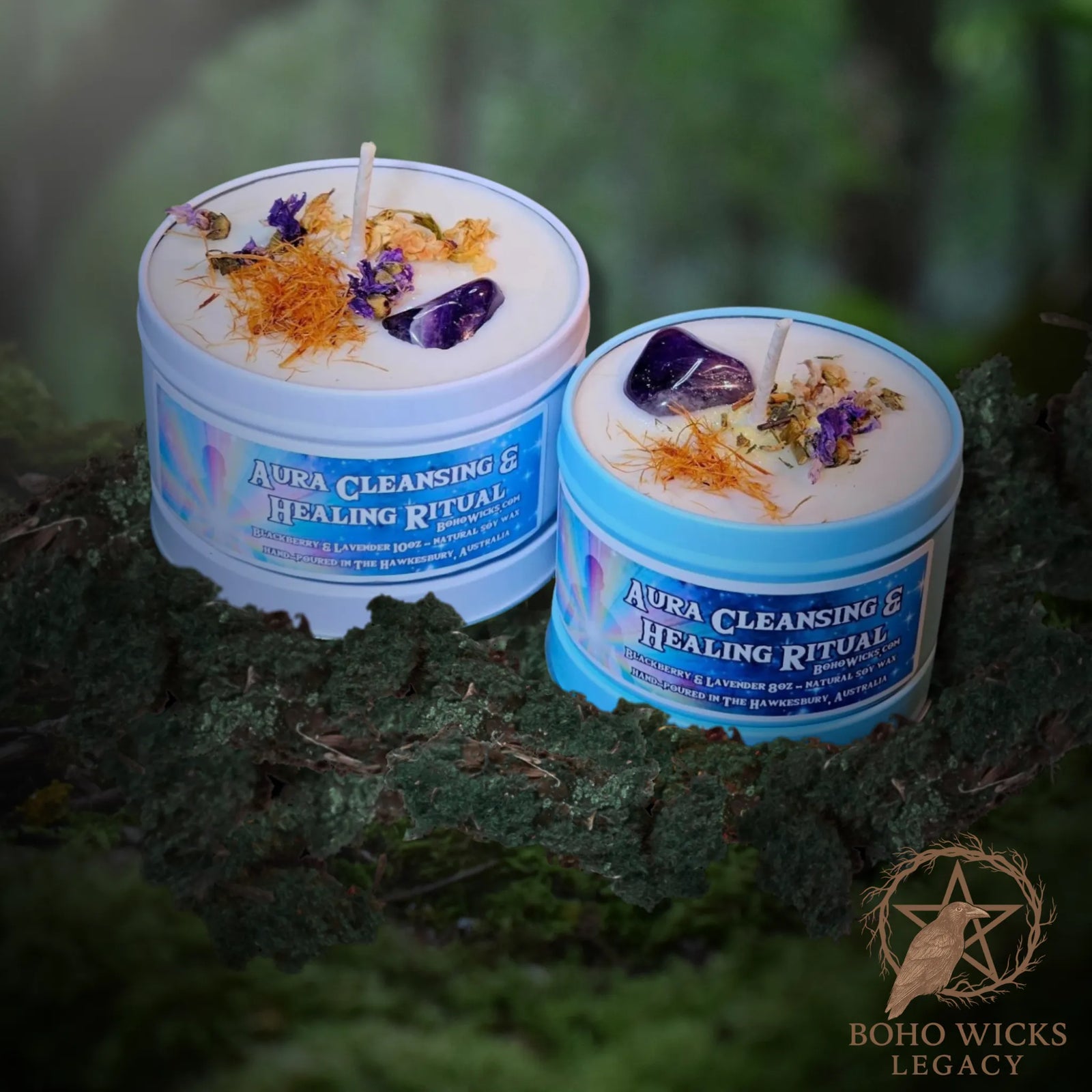 Forest setting of the Aura Cleansing and Healin  Ritual with Chevron Amethyst, Mallow, Goat’s Rue, Cat’s Claw, and Jasmine on a white background, fragranced with Blackberry & Lavender