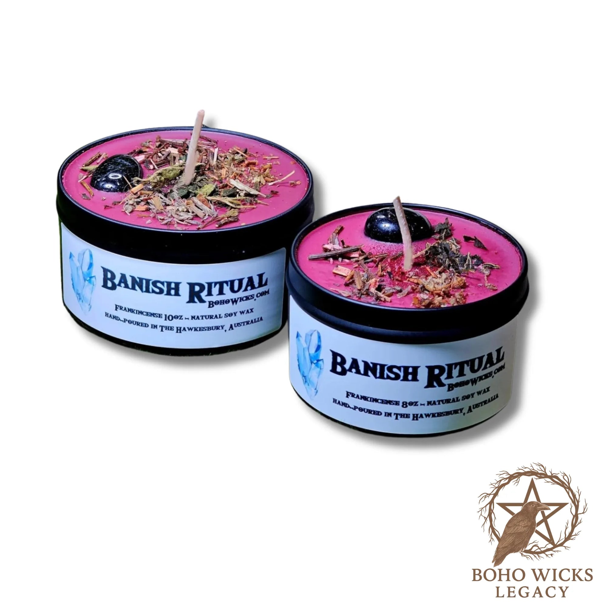 Product image of the Banish candle with Black Tourmaline, Agrimony, Nettle, Vervain, and Wormwood on a white background, fragranced with Frankincense