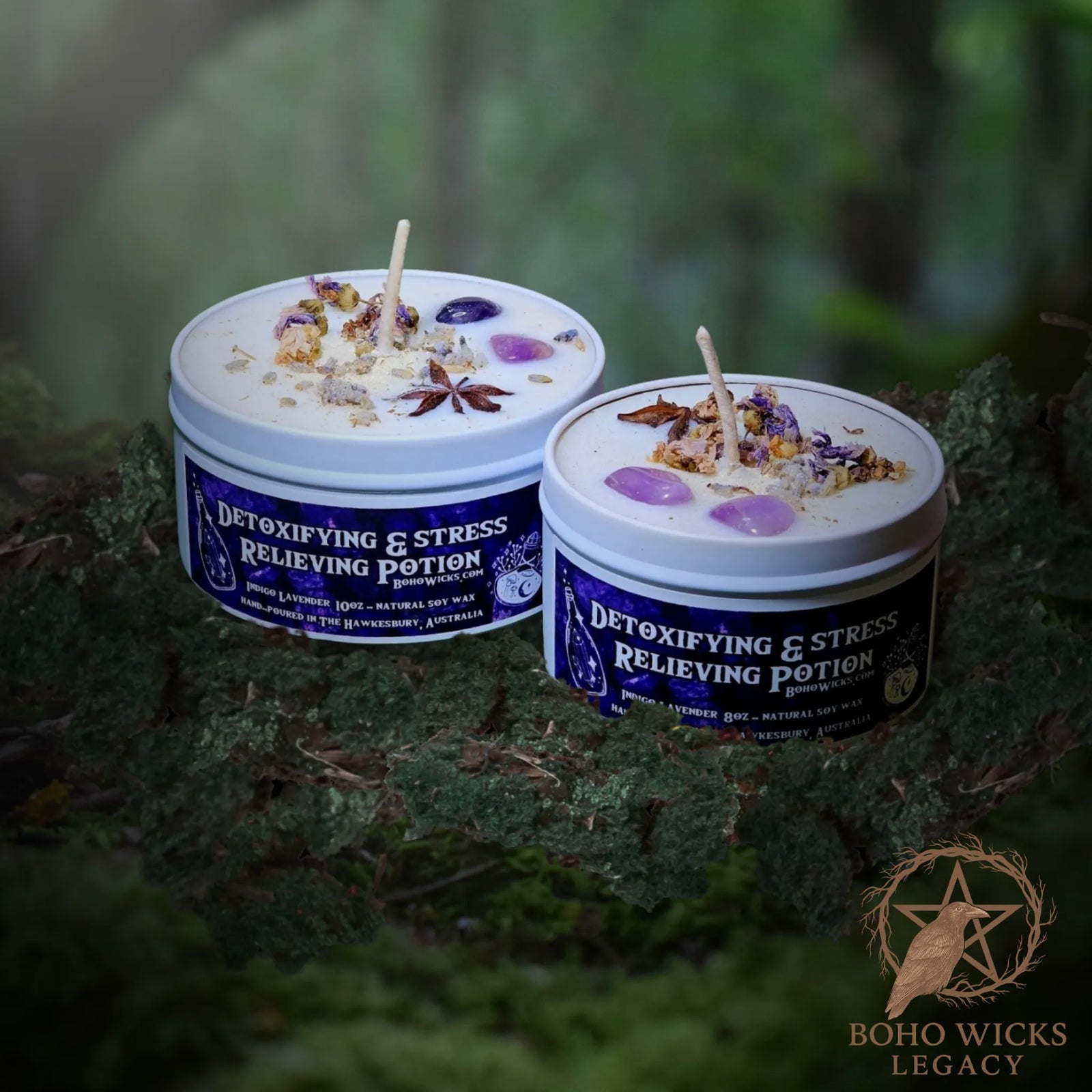 Forest setting photo of the Detoxifying & Stress Relieving Potion candle with Amethyst, Lavender, Mallow, and Star Anise surrounded by moss, fragranced with Indigo Lavender