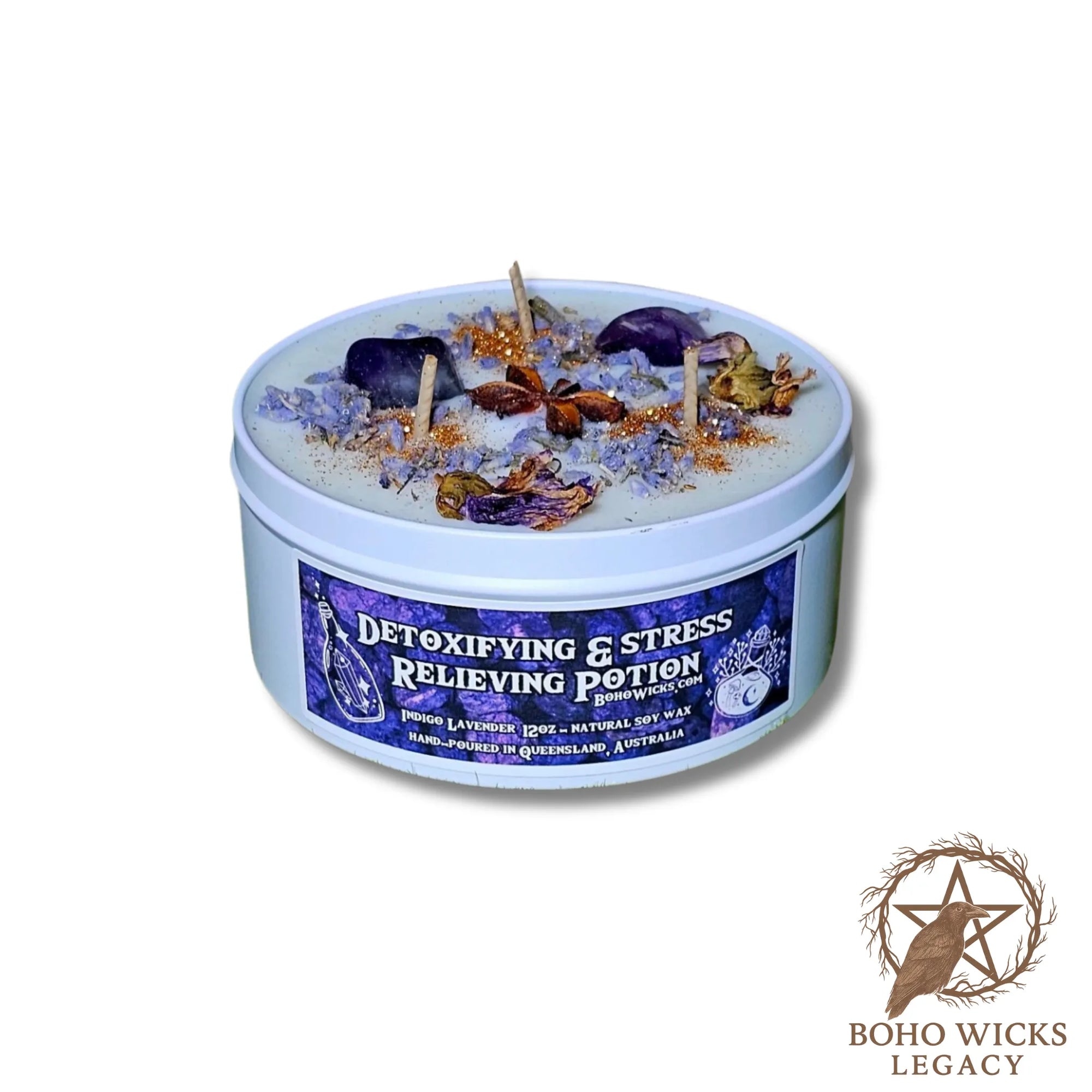 Product image of the Detoxifying & Stress Relieving Potion candle with Amethyst, Lavender, Mallow, and Star Anise on a white background, fragranced with Indigo Lavender