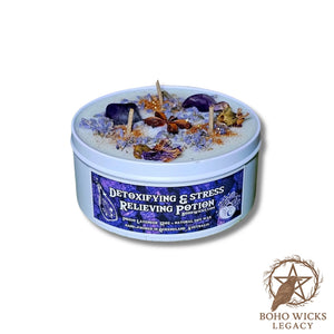 Product image of the Detoxifying & Stress Relieving Potion candle with Amethyst, Lavender, Mallow, and Star Anise on a white background, fragranced with Indigo Lavender