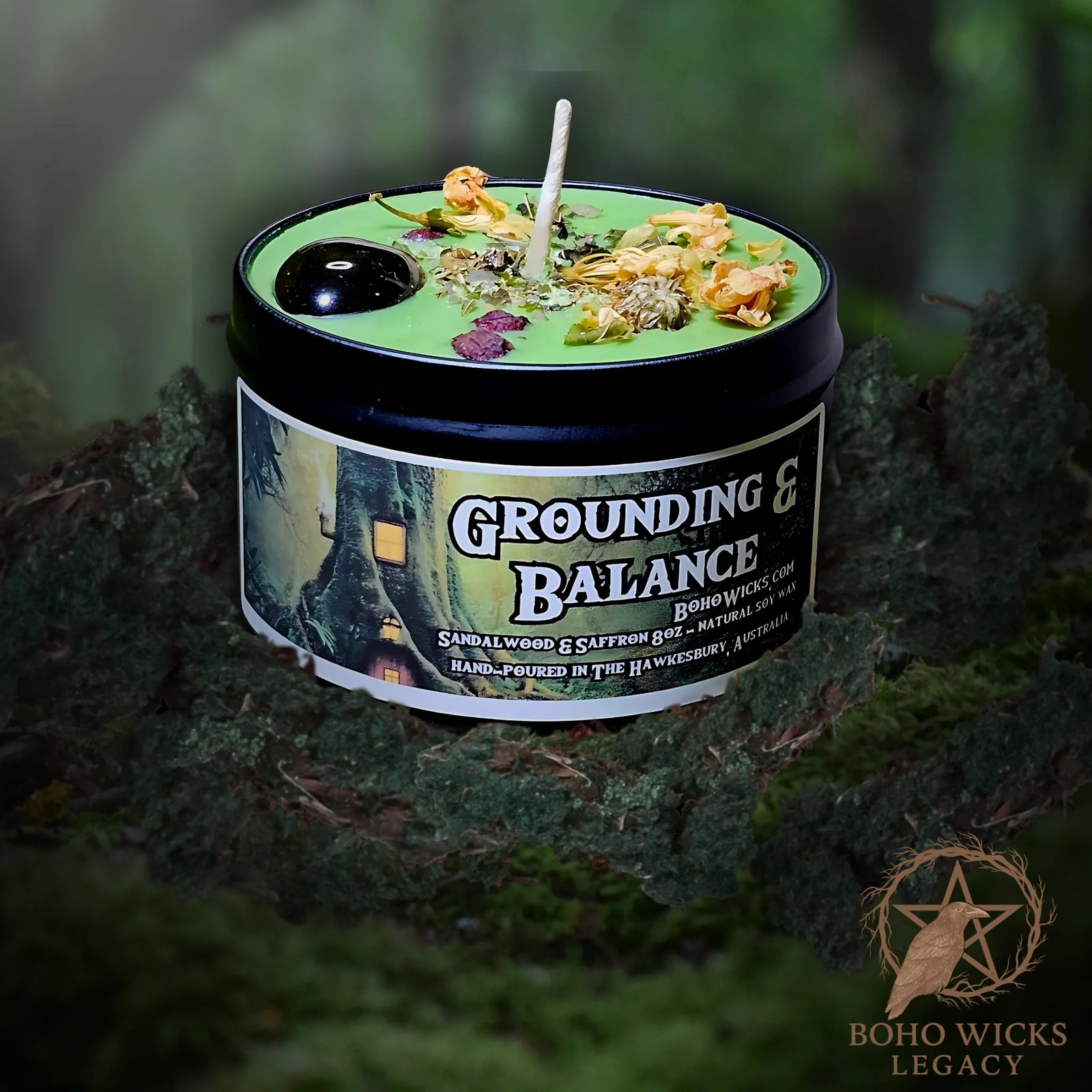 Forest setting photo of the Grounding & Balance candle with Lemon Verbena, Jasmine, and Hawthorn Berries surrounded by moss, fragranced with Sandalwood & Saffron