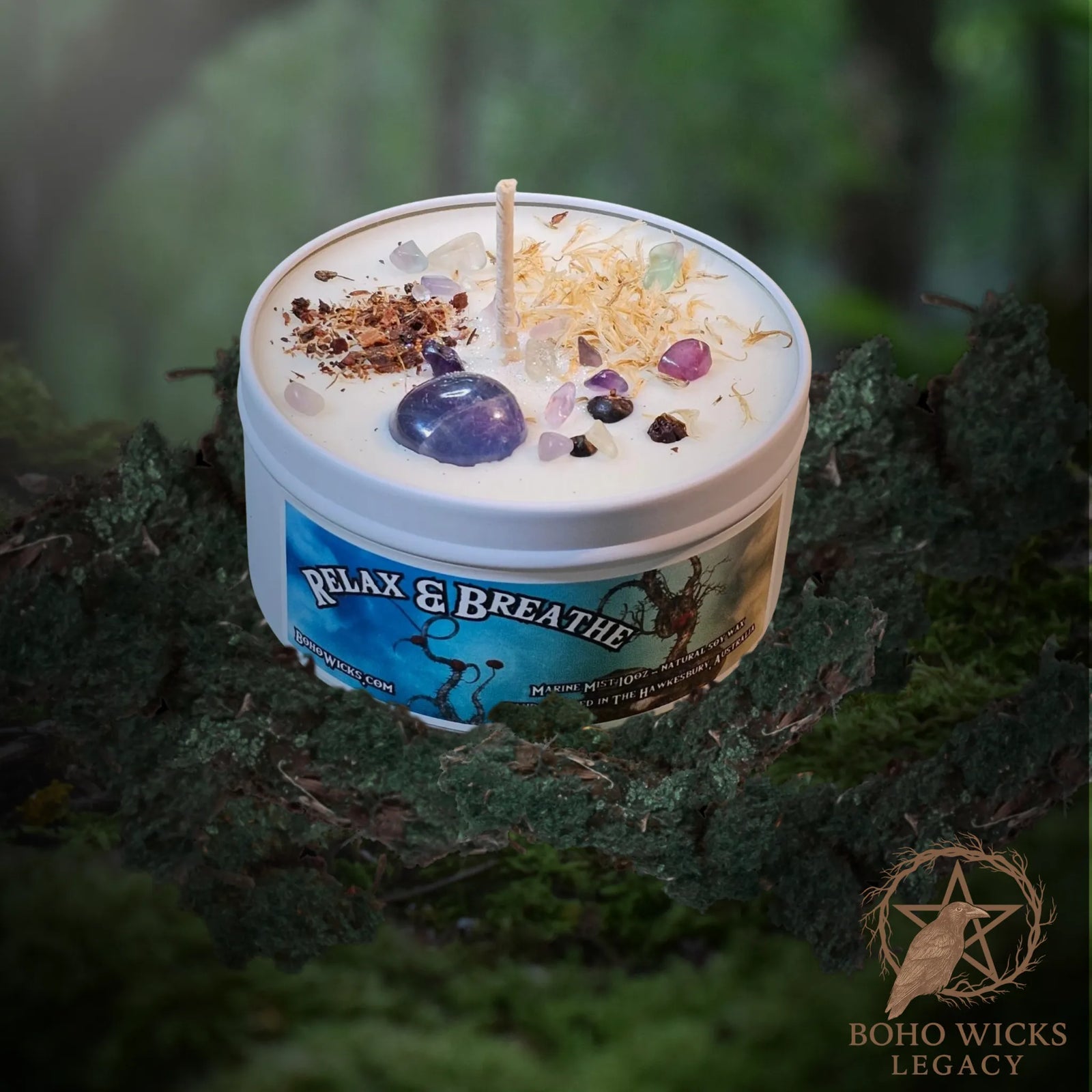 Product image of the Relax & Breathe candle with Fluorite, St John's Wort, and Cornflower on a white background, fragranced with Marine Mist