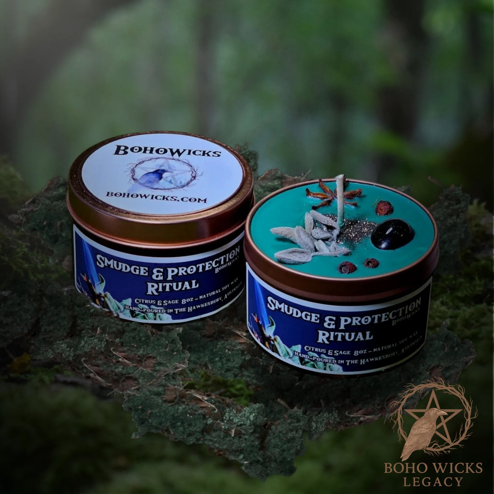 Forest setting photo of the Smudge & Protection candle with Black Tourmaline, Sage Leaf, Hawthorn Berries, and Star Anise surrounded by moss, fragranced with Citrus & Sage