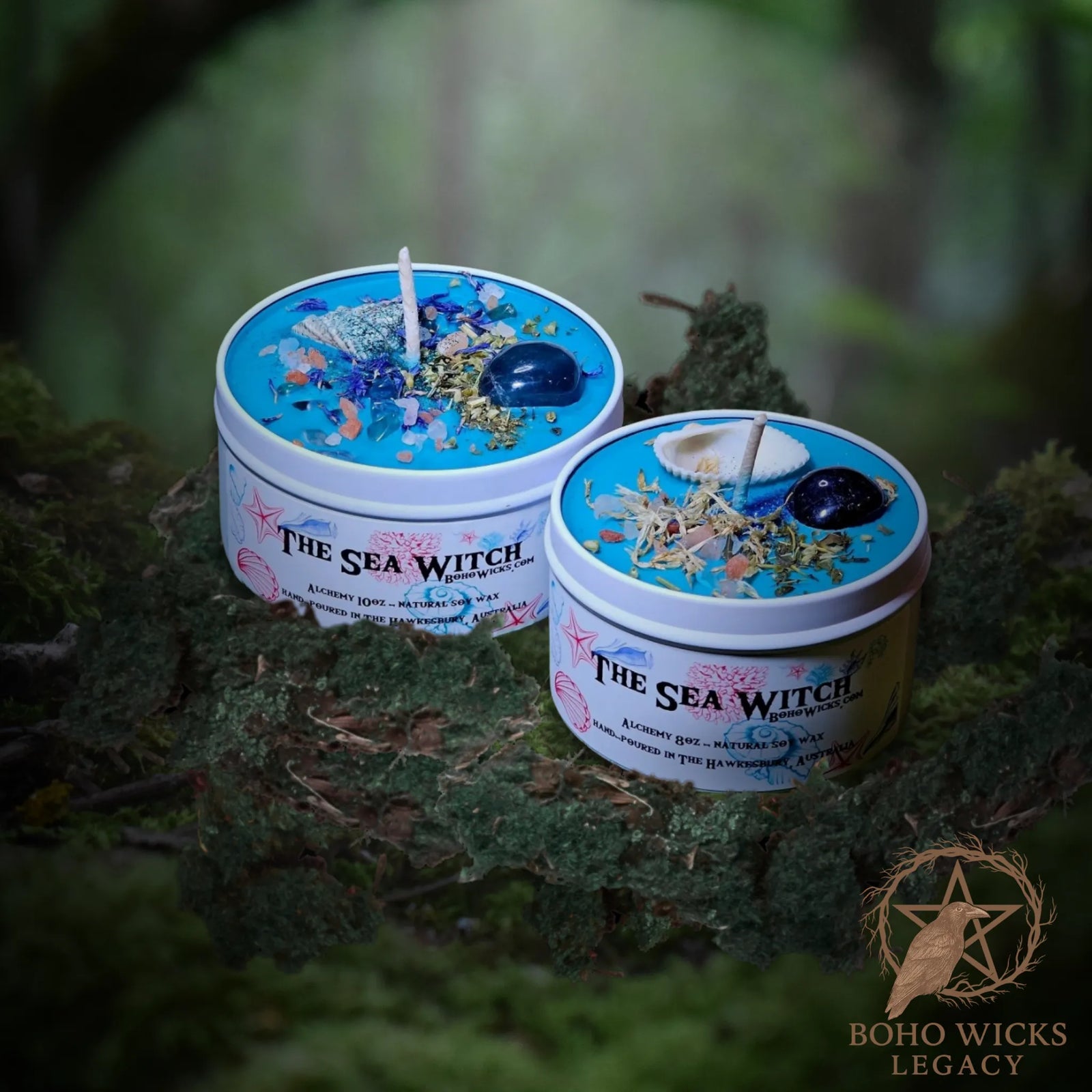 Forest setting photo of The Sea Witch candle with Fluorite, Cornflowers, Skullcap, Seashells, and Sea Salt surrounded by moss, fragranced with Alchemy