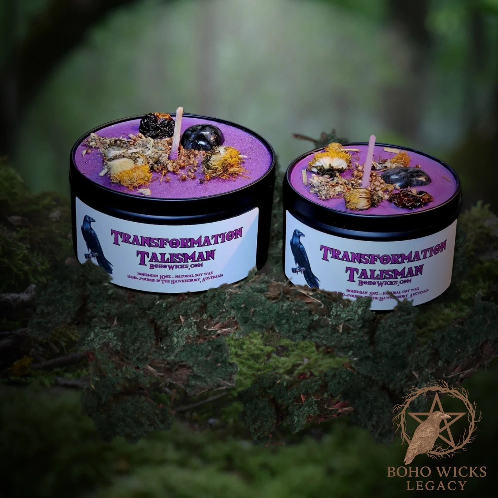 Forest setting photo of the Transformation Talisman candle with Larvikite, Dandelion, Golden Berry, Heather Flower, and Mugwort surrounded by moss, fragranced with Bohemian