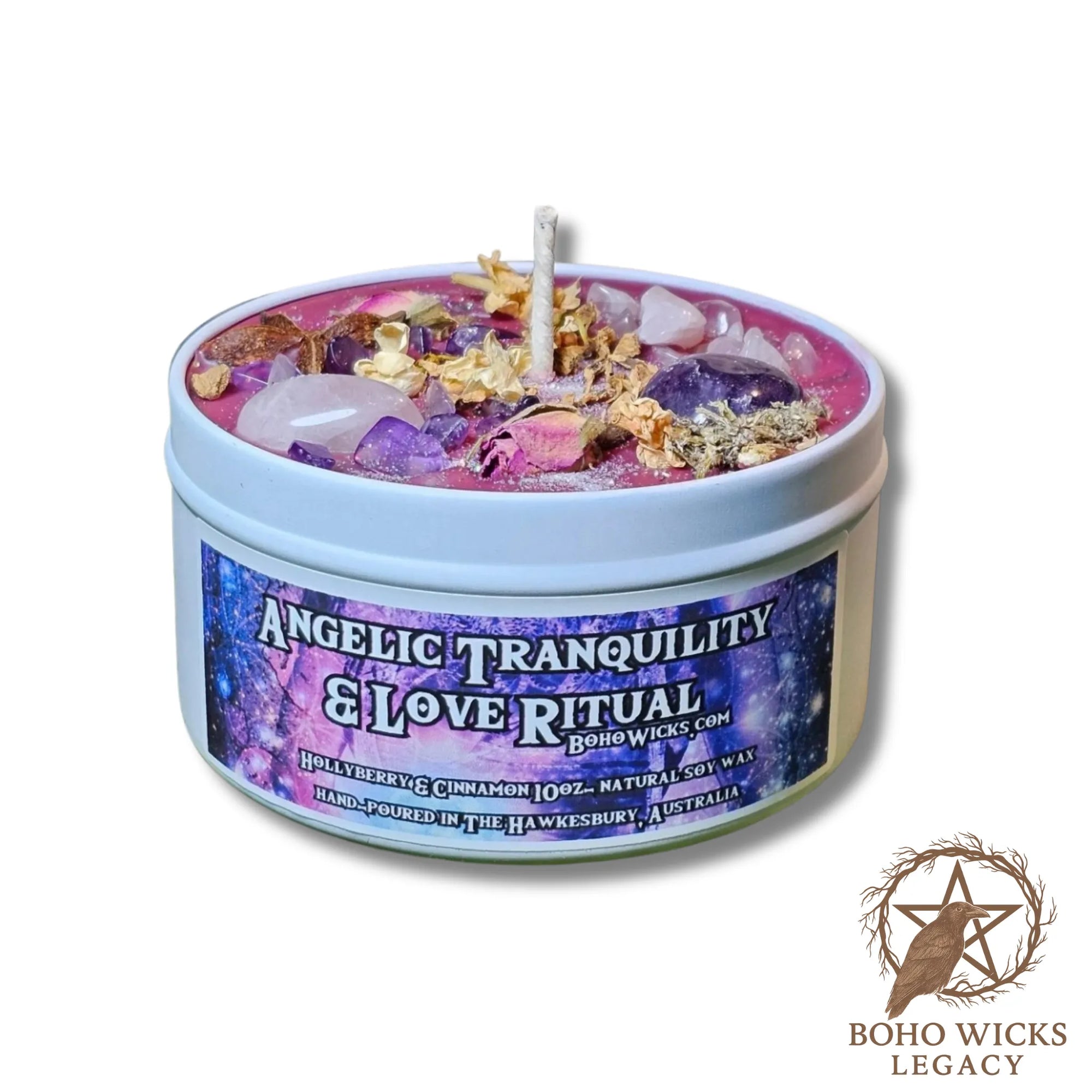 Product image of the Angelic Tranquility & Love Ritual candle with Rose Quartz, Amethyst, Angelica Root, Mugwort, and Rose on a white background, fragranced with Hollyberry & Cinnamon

