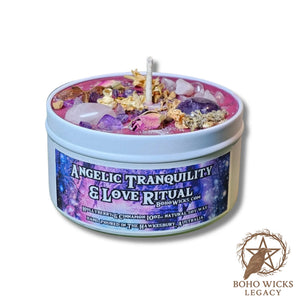Product image of the Angelic Tranquility & Love Ritual candle with Rose Quartz, Amethyst, Angelica Root, Mugwort, and Rose on a white background, fragranced with Hollyberry & Cinnamon

