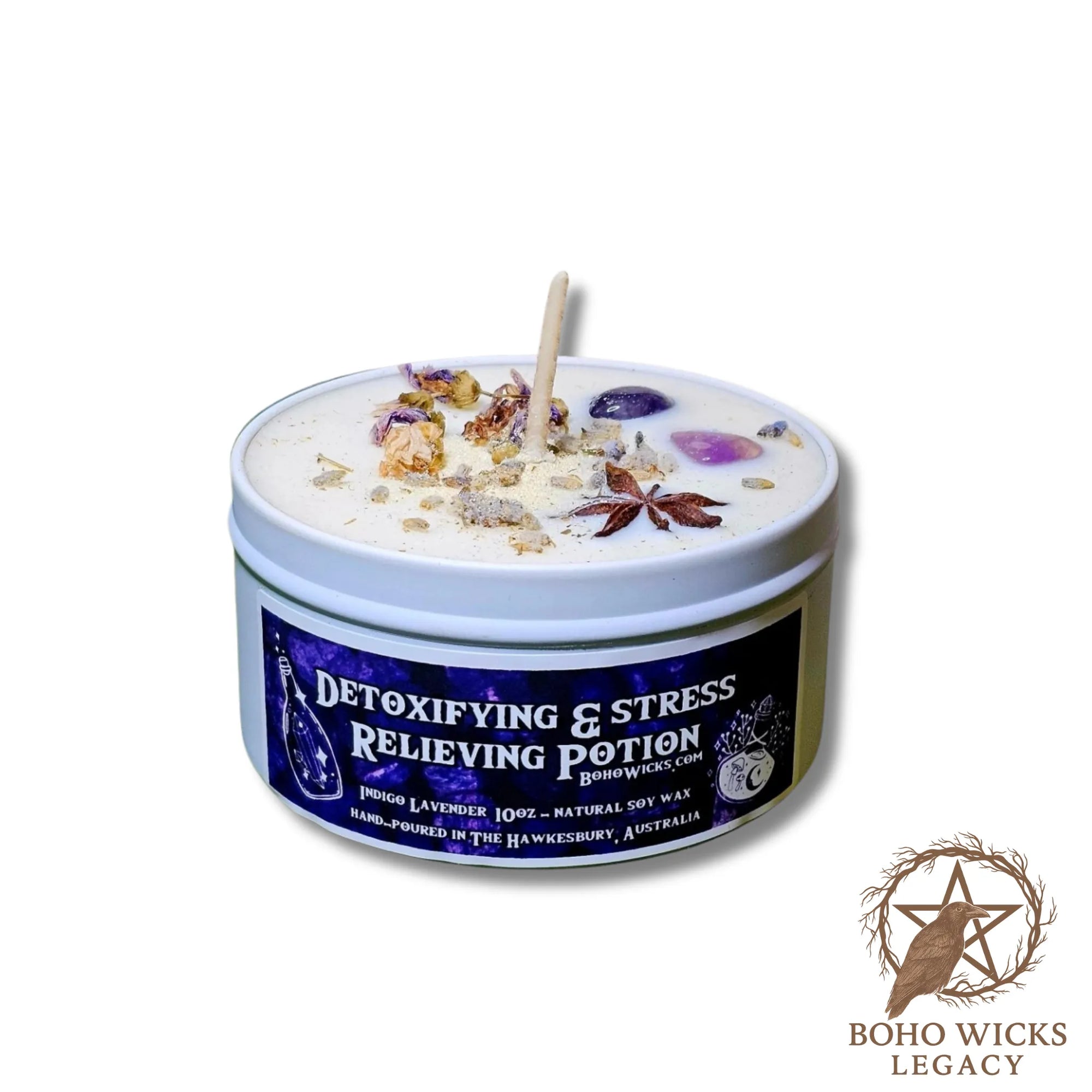 Product image of the Detoxifying & Stress Relieving Potion candle with Amethyst, Lavender, Mallow, and Star Anise on a white background, fragranced with Indigo Lavender