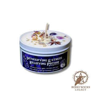 Product image of the Detoxifying & Stress Relieving Potion candle with Amethyst, Lavender, Mallow, and Star Anise on a white background, fragranced with Indigo Lavender
