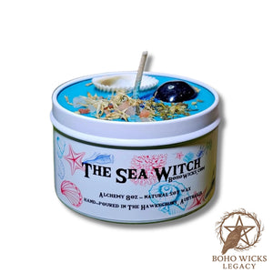 Product image of The Sea Witch candle with Fluorite, Cornflowers, Skullcap, Seashells, and Sea Salt on a white background, fragranced with Alchemy
