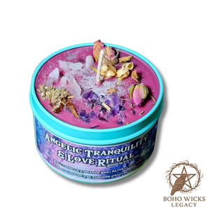 Product image of the Angelic Tranquility & Love Ritual candle with Rose Quartz, Amethyst, Angelica Root, Mugwort, and Rose on a white background, fragranced with Hollyberry & Cinnamon

