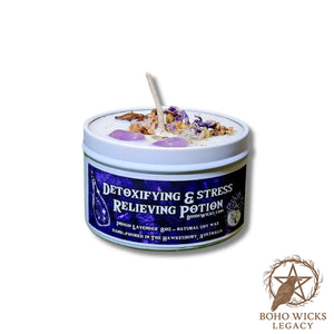 Product image of the Detoxifying & Stress Relieving Potion candle with Amethyst, Lavender, Mallow, and Star Anise on a white background, fragranced with Indigo Lavender