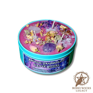 Product image of the Angelic Tranquility & Love Ritual candle with Rose Quartz, Amethyst, Angelica Root, Mugwort, and Rose on a white background, fragranced with Hollyberry & Cinnamon

