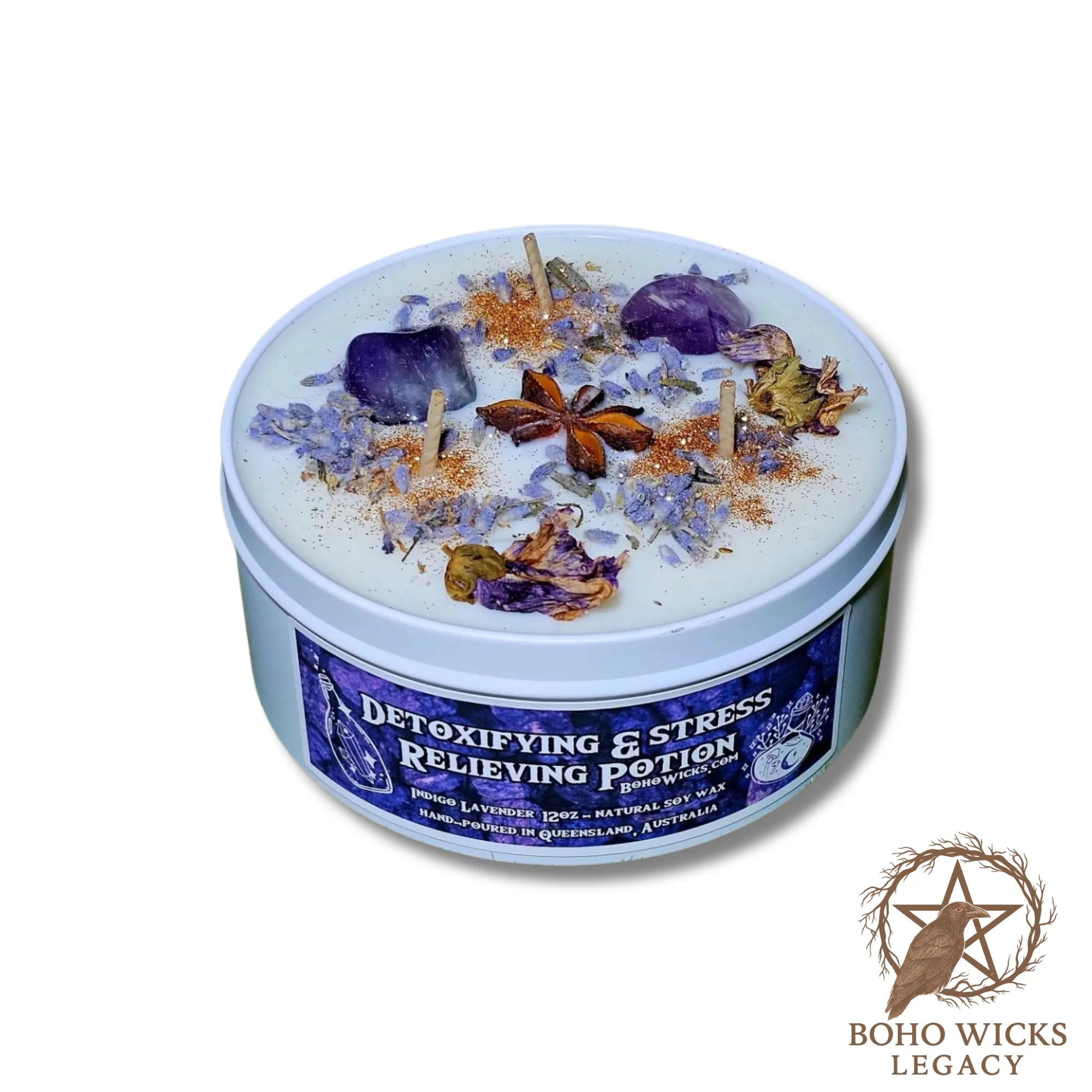 Product image of the Detoxifying & Stress Relieving Potion candle with Amethyst, Lavender, Mallow, and Star Anise on a white background, fragranced with Indigo Lavender