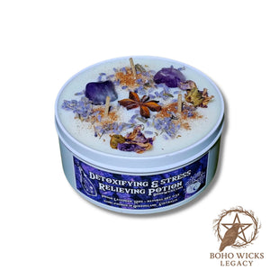 Product image of the Detoxifying & Stress Relieving Potion candle with Amethyst, Lavender, Mallow, and Star Anise on a white background, fragranced with Indigo Lavender