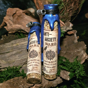 Blue quartz, oat straw, and lemon balm inside Anti-Anxiety Ward Spell Jar