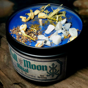 Moss & Raven Full Moon Candle – hand-poured 8oz ritual candle dressed with lunar herbs and crystals, fragranced with Alchemy