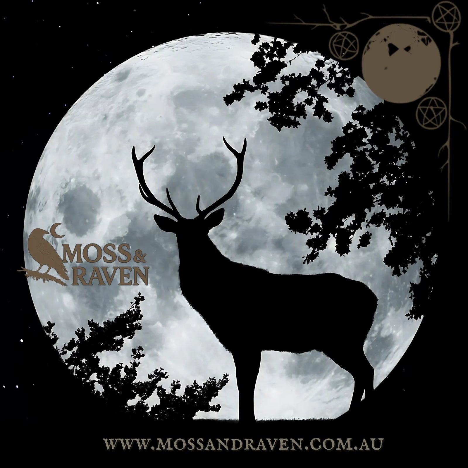 Silhouette of a witch standing beneath the Buck Moon in Capricorn, framed by tree branches under a night sky — used as the cover image for Moss & Raven's Stand in Sovereignty ritual download.