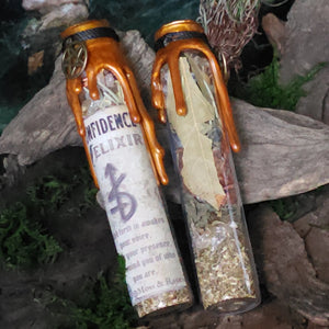 Confidence Spell Jar with crystals and herbs on wood