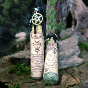 Spell jar sealed in green wax on forest floor