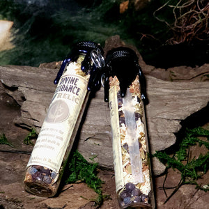 Wax-sealed Divine Guidance Spell Jar positioned beside bark, and crystal, displayed in forest altar setting.