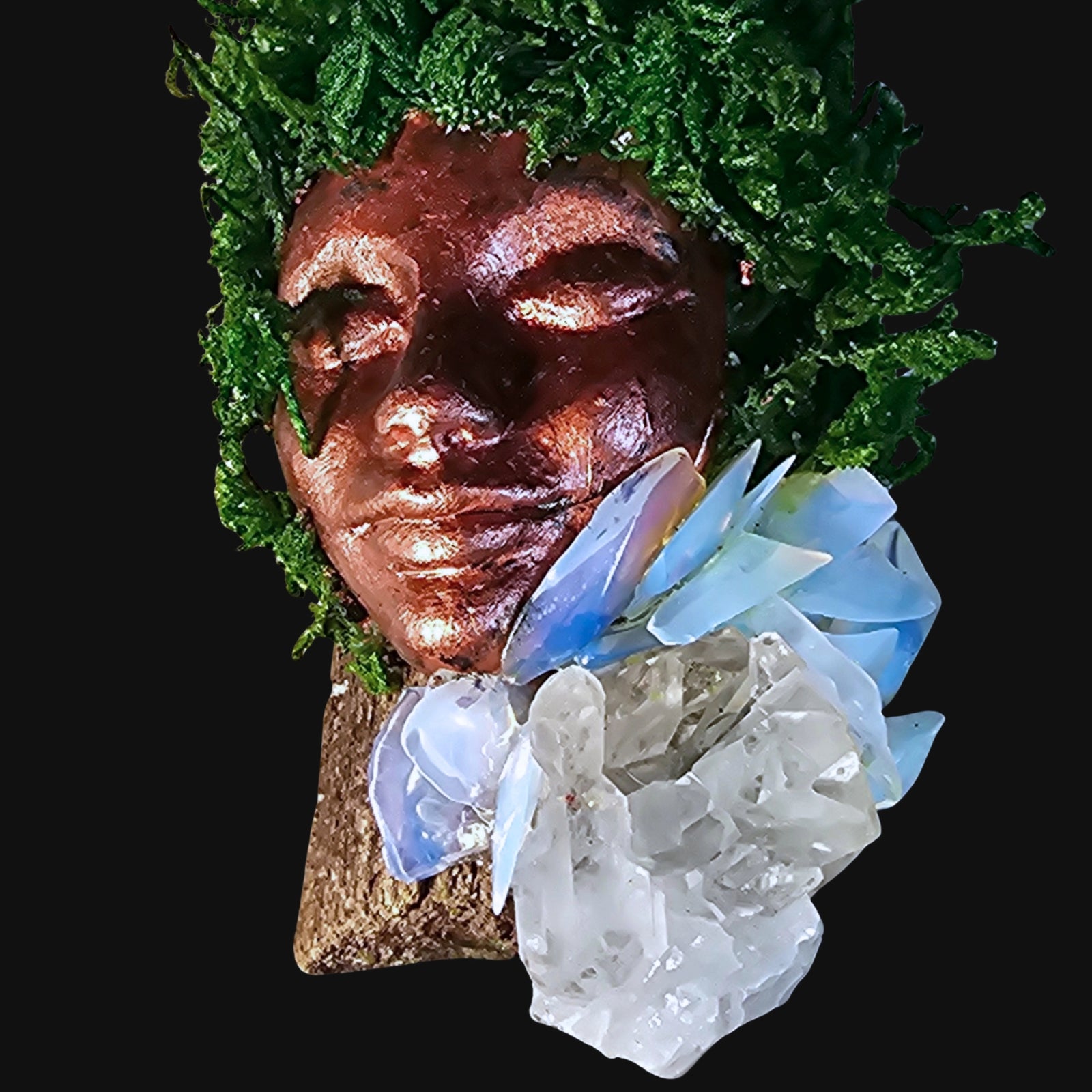 Forest Guardian sculpture with copper face, Opalite, and Clear Quartz surrounded by moss — handcrafted altar art for clarity and ascension.