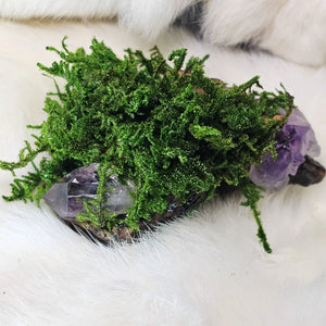 Moss covered guardian sculpture with mixed crystal chips and amethyst points- top view