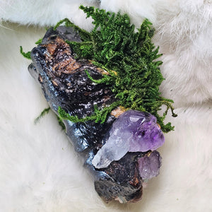 Ritual guardian artwork featuring rose quartz and preserved moss- side view