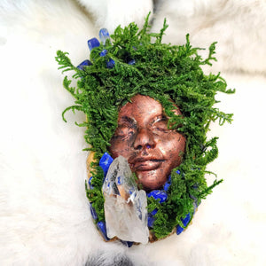 Ritual decor sculpture featuring lapis lazuli, moss, and clear quartz
