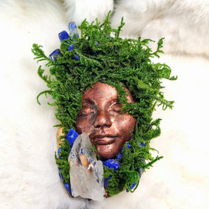 Moss & Raven Forest Guardian with driftwood, moss, and crystal details