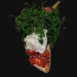 Overhead view of moss-covered driftwood base with crystal trio — handmade witchcrafted decor for strength and renewal.