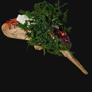 Forest Guardian: Fire &amp; Renewal — handcrafted driftwood altar sculpture with copper-bronze face, carnelian, amethyst, clear quartz, and moss by Moss & Raven.