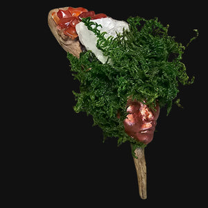 Forest Guardian sculpture featuring Carnelian, Amethyst, and Clear Quartz on moss-covered driftwood — handcrafted altar piece symbolising fire and renewal.