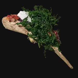 Forest Guardian: Fire & Renewal by Moss & Raven — handcrafted driftwood sculpture with copper face, Carnelian, Amethyst, and Clear Quartz for transformation and rebirth.