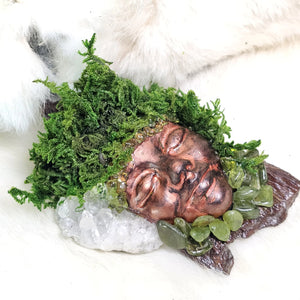 Handcrafted Forest Guardian with preserved moss and peridot crystals