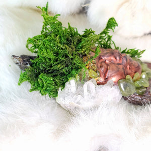 Moss & Raven Forest Guardian with driftwood, moss, and crystal details, side view