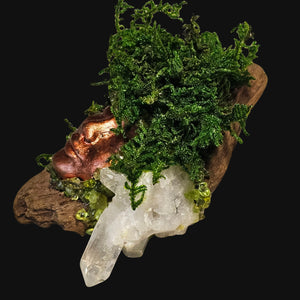 Growth & Vitality Forest Guardian by Moss & Raven — handcrafted driftwood altar sculpture with Peridot, Clear Quartz, and moss for grounded energy and renewal.
