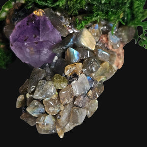 Macro close-up of Amethyst and Clear Quartz crystals with moss highlights — handcrafted witchcraft-inspired art piece.