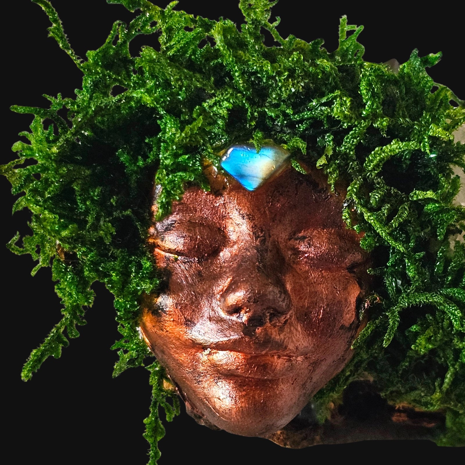 Forest Guardian on dark background — copper face with crystal crown representing insight and balance.