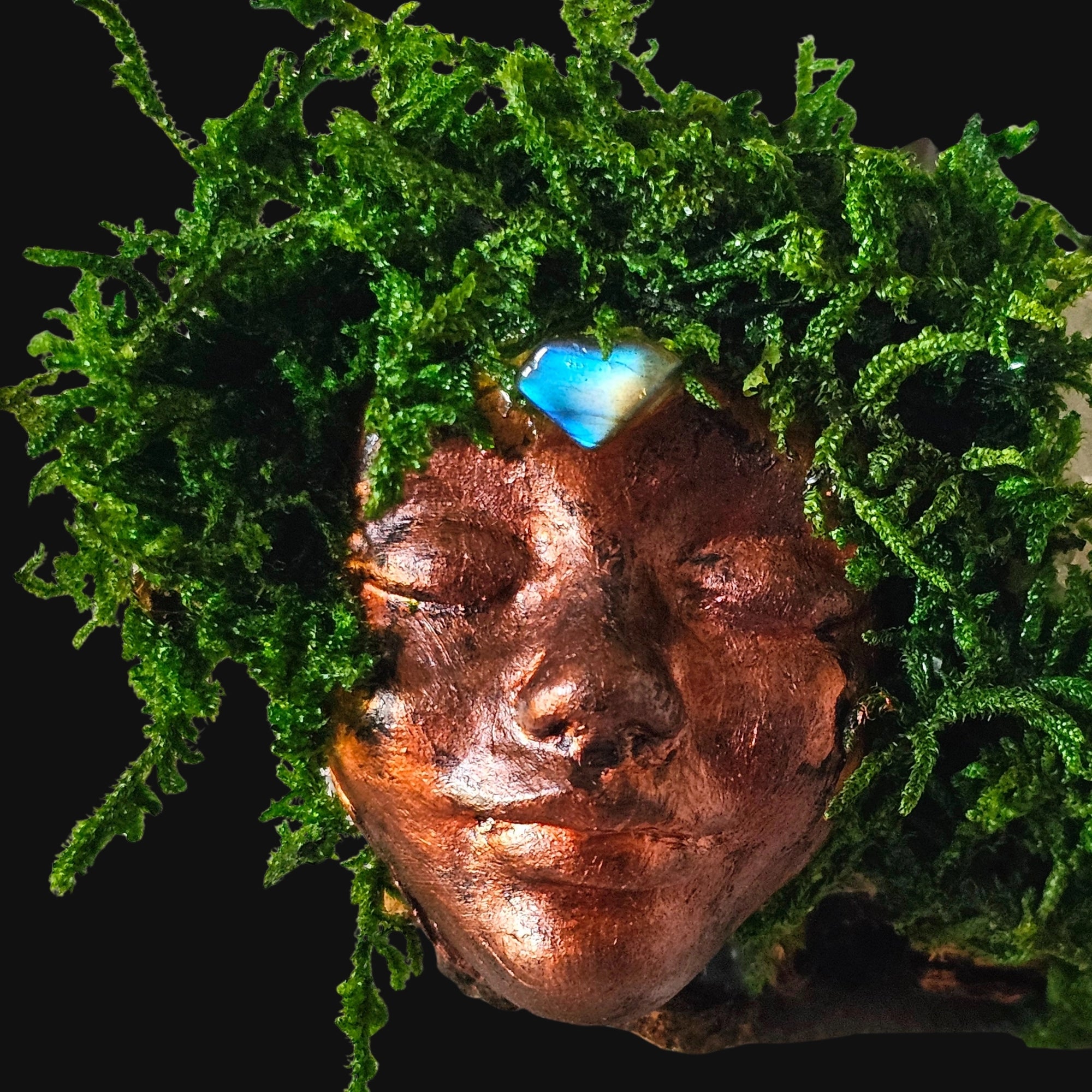 Forest Guardian on dark background — copper face with crystal crown representing insight and balance.