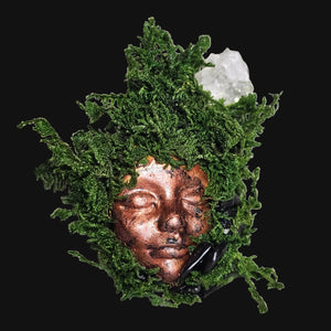 Forest Guardian illuminated softly to highlight moss texture and shimmering quartz — symbol of balance between shadow and clarity.