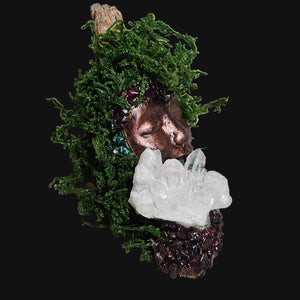 Witchcrafted altar decor piece with a serene copper-bronze face, preserved moss, and a crown of Malachite, Garnet, and Clear Quartz.