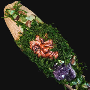 Close-up of copper face and moss detail with Chrysoprase and Amethyst stones.