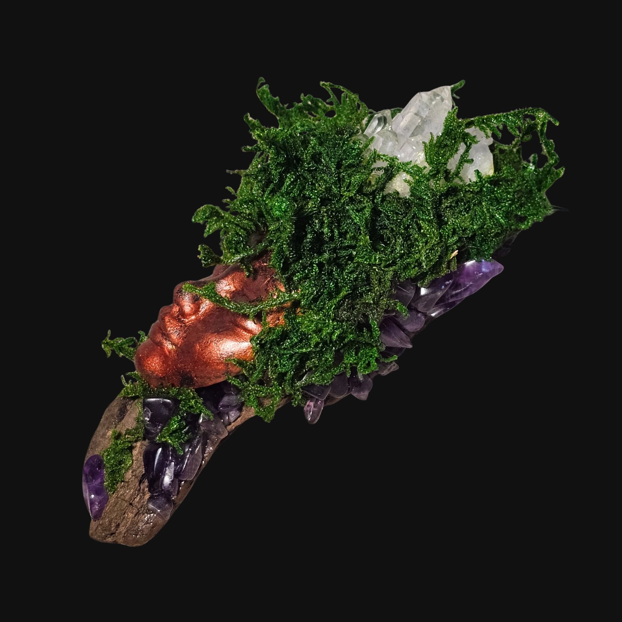 Side view showing moss-covered driftwood base with Amethyst crystals and Clear Quartz point.