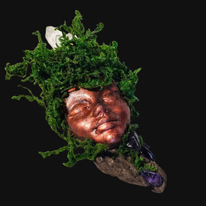 Forest Guardian sculpture with copper face, Amethyst, and Clear Quartz set in preserved moss — handcrafted altar art for tranquility and vision.