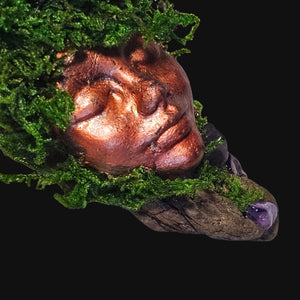 Tranquility & Vision Forest Guardian by Moss & Raven — handcrafted driftwood altar sculpture with Amethyst, Clear Quartz, and moss for peace and insight.