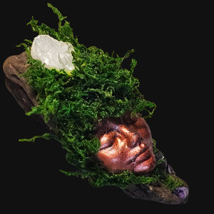 Forest Guardian on dark background — copper tones glowing against moss, representing calm and higher vision.